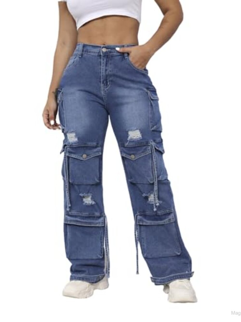 Baggy Y2K Cargo Jeans for Women High Waist Wide Leg, 58% Cotton, 40% Polyester,